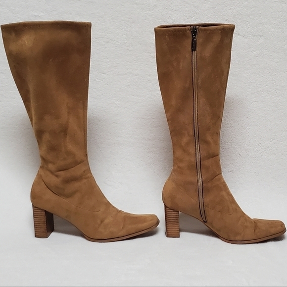 VINTAGE 90s Candies Caramel Faux Suede Stacked Heel Square Toe Knee High Boots 8 - Picture 9 of 16